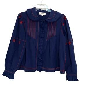 Sea New York Navy Cotton Pintuck Blouse Red Embroidery Ruffle Collar Cuffs